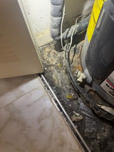 Water on the floor around a water heater in a closet.