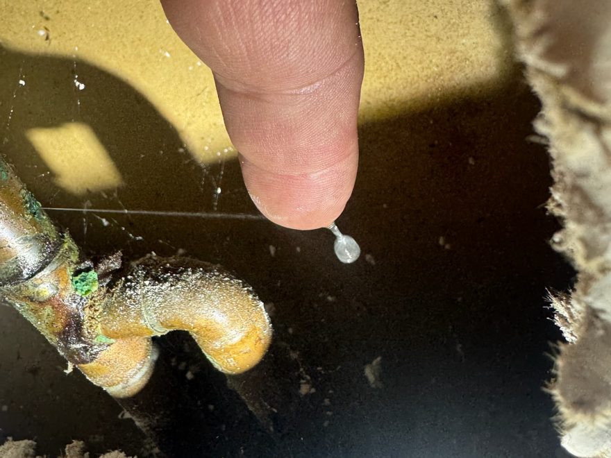 Close-up of water dripping off technician’s finger from a tiny active pinhole leak in copper pipe.